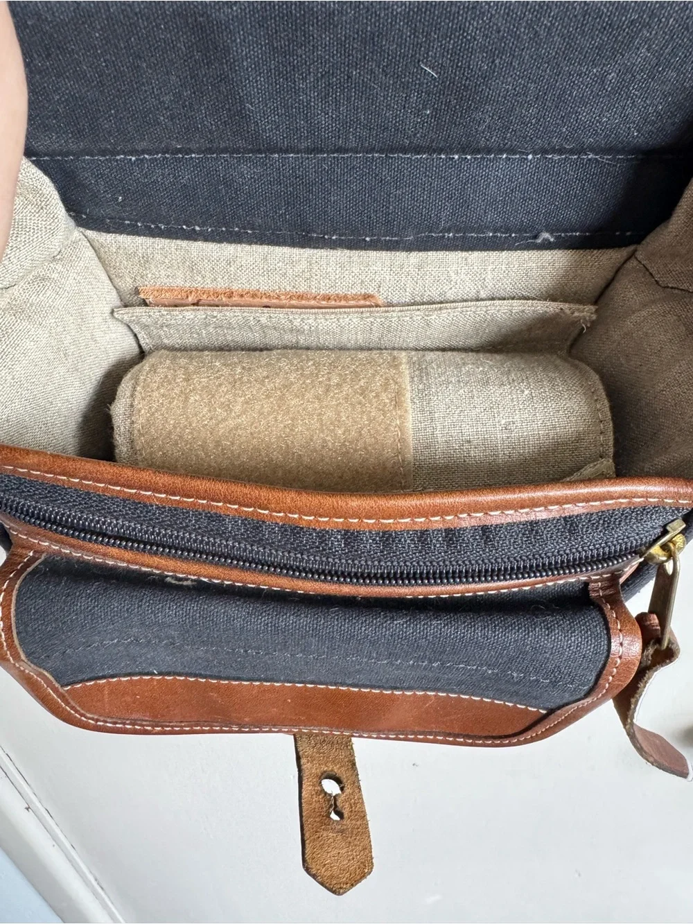 Fogg Can-Can Navy Blue Brown Canvas & Brown Leather Camera Crossbody Bag
